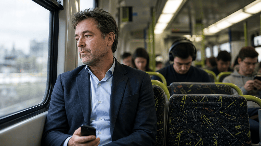 Australian professional man around 45–55 sitting on a train or tram during his commute.
